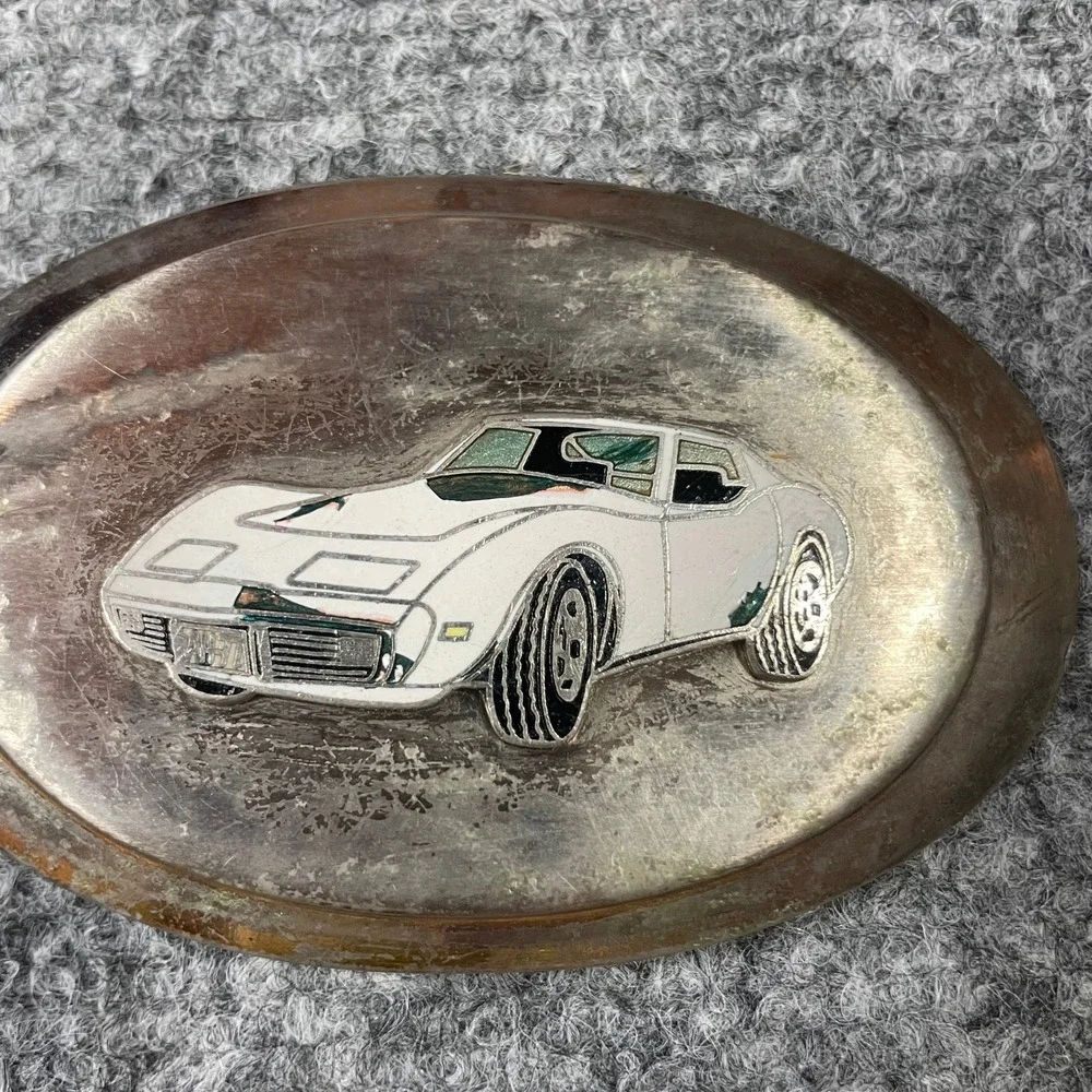 Vintage Belt Buckle Silver Toned White Corvette C3 Stingray Oval Muscle Car